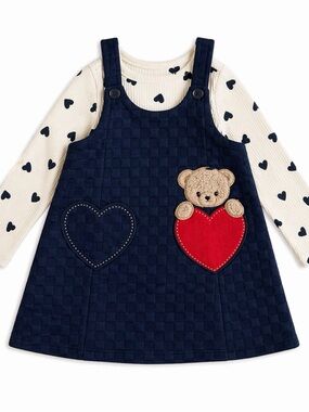 Toddler Girl 2-Piece Dress Set 💙 Navy Pinafore w/ Heart Top | 3T